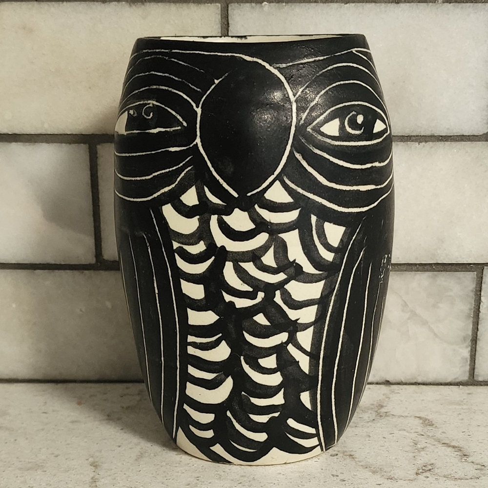 Vintage studio art pottery black and white  owl vase vessel